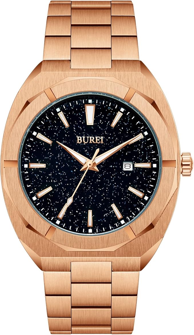 burei 时尚石英表男士手表模拟日期手表带不锈钢表带防水经典男士手表